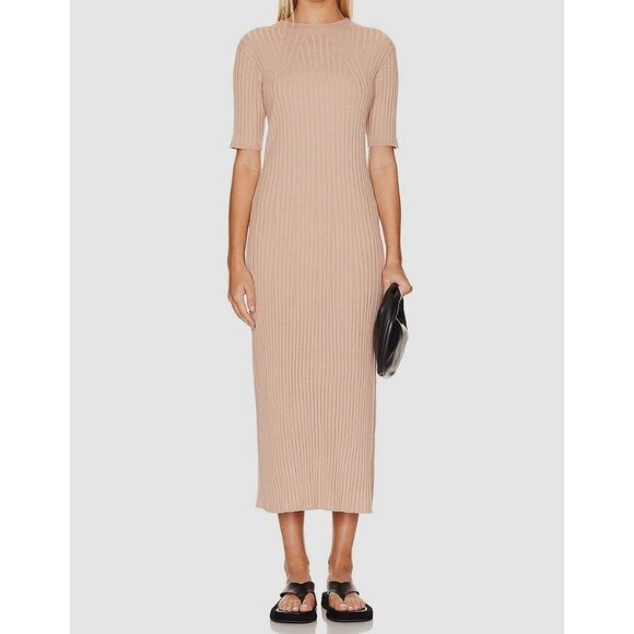 Varley Rib Knit Midi Dress Short Sleeve Beige Maeve Womens Size M - Picture 1 of 9